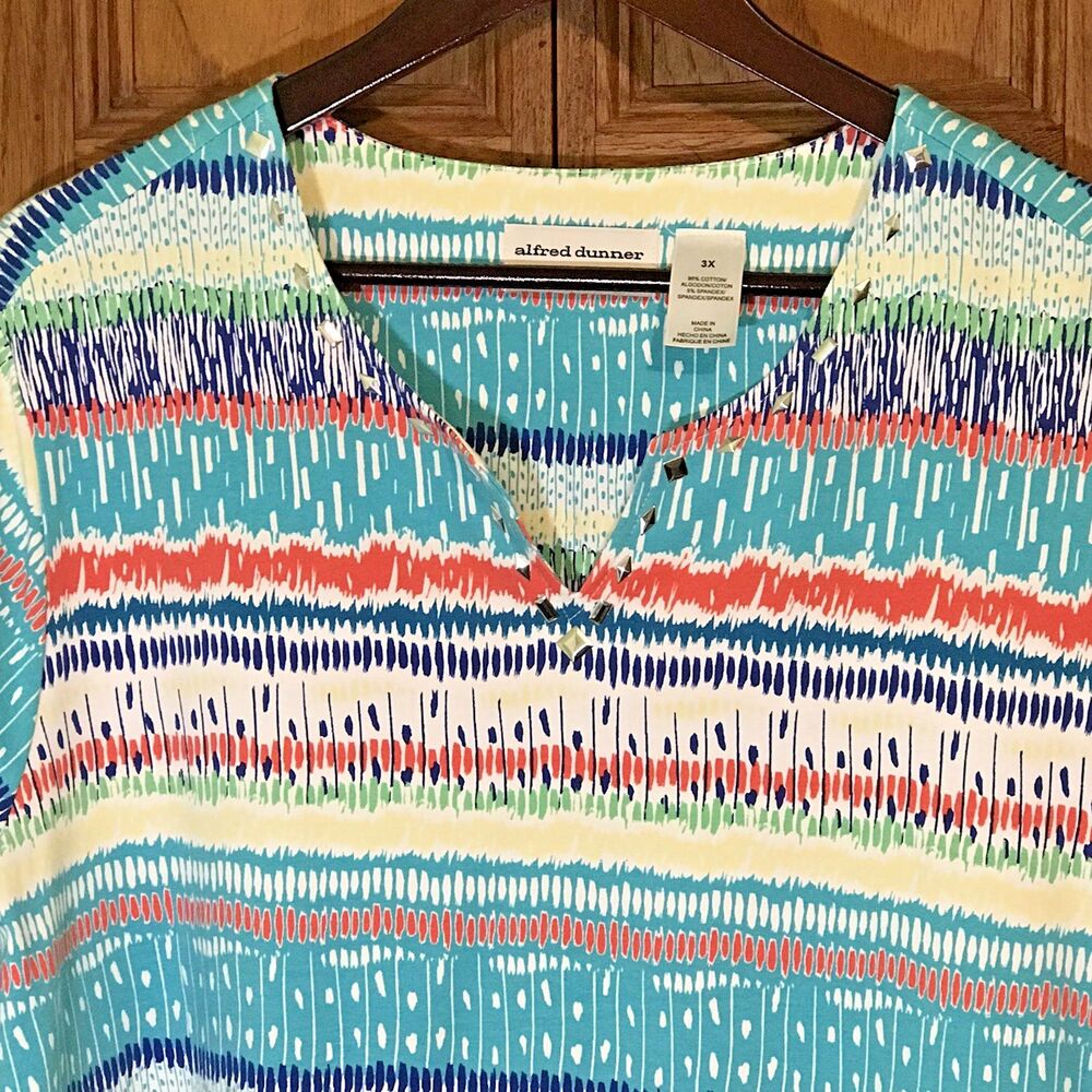 Alfred Dunner Women's 3X Multicolor Knit Blouse Short Sleeve Bling Pullover Top